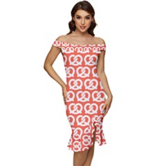 Coral Pretzel Illustrations Pattern Off Shoulder Ruffle Split Hem Bodycon Dress by GardenOfOphir