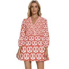 Coral Pretzel Illustrations Pattern V-neck Placket Mini Dress by GardenOfOphir