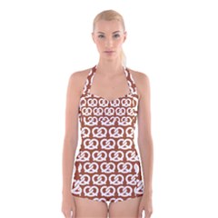 Brown Pretzel Illustrations Pattern Boyleg Halter Swimsuit  by GardenOfOphir