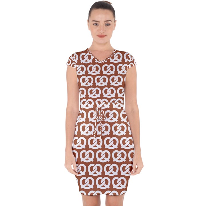 Brown Pretzel Illustrations Pattern Capsleeve Drawstring Dress 