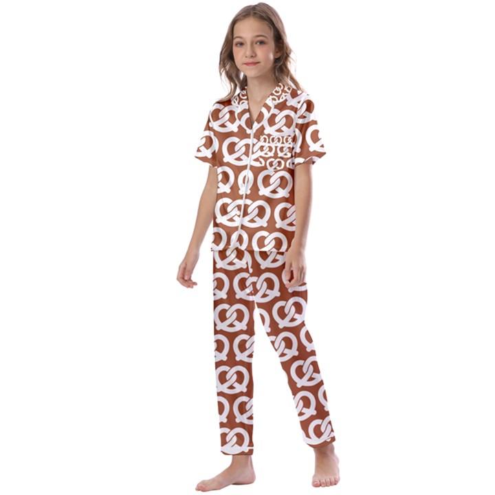 Brown Pretzel Illustrations Pattern Kids  Satin Short Sleeve Pajamas Set