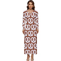 Brown Pretzel Illustrations Pattern Long Sleeve Longline Maxi Dress by GardenOfOphir