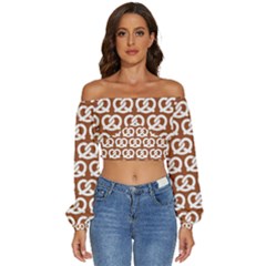 Brown Pretzel Illustrations Pattern Long Sleeve Crinkled Weave Crop Top by GardenOfOphir