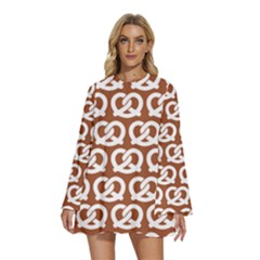 Brown Pretzel Illustrations Pattern Round Neck Long Sleeve Bohemian Style Chiffon Mini Dress by GardenOfOphir