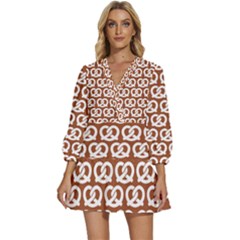 Brown Pretzel Illustrations Pattern V-neck Placket Mini Dress by GardenOfOphir