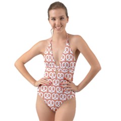 Salmon Pretzel Illustrations Pattern Halter Cut-out One Piece Swimsuit by GardenOfOphir