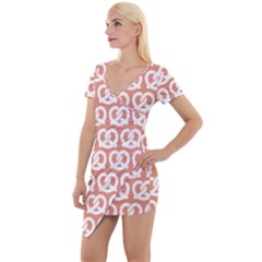 Salmon Pretzel Illustrations Pattern Short Sleeve Asymmetric Mini Dress by GardenOfOphir