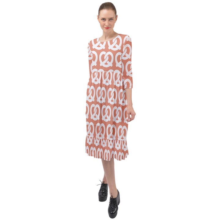 Salmon Pretzel Illustrations Pattern Ruffle End Midi Chiffon Dress