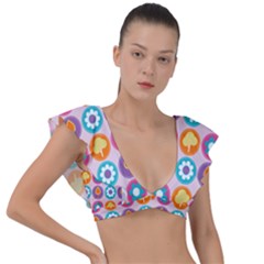 Chic Floral Pattern Plunge Frill Sleeve Bikini Top