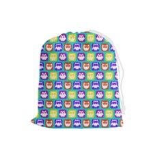 Colorful Whimsical Owl Pattern Drawstring Pouch (large) by GardenOfOphir