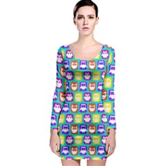 Colorful Whimsical Owl Pattern Long Sleeve Bodycon Dress by GardenOfOphir