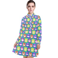 Colorful Whimsical Owl Pattern Long Sleeve Chiffon Shirt Dress by GardenOfOphir