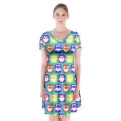 Colorful Whimsical Owl Pattern Short Sleeve V-neck Flare Dress by GardenOfOphir