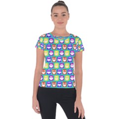 Colorful Whimsical Owl Pattern Short Sleeve Sports Top  by GardenOfOphir