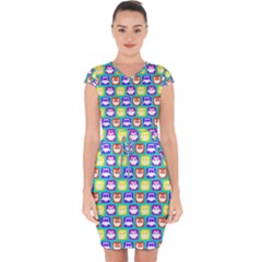 Colorful Whimsical Owl Pattern Capsleeve Drawstring Dress  by GardenOfOphir