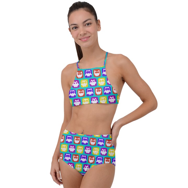 Colorful Whimsical Owl Pattern High Waist Tankini Set