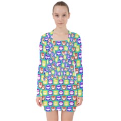 Colorful Whimsical Owl Pattern V-neck Bodycon Long Sleeve Dress by GardenOfOphir