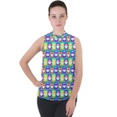 Colorful Whimsical Owl Pattern Mock Neck Chiffon Sleeveless Top by GardenOfOphir