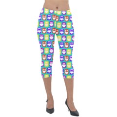 Colorful Whimsical Owl Pattern Lightweight Velour Capri Leggings  by GardenOfOphir