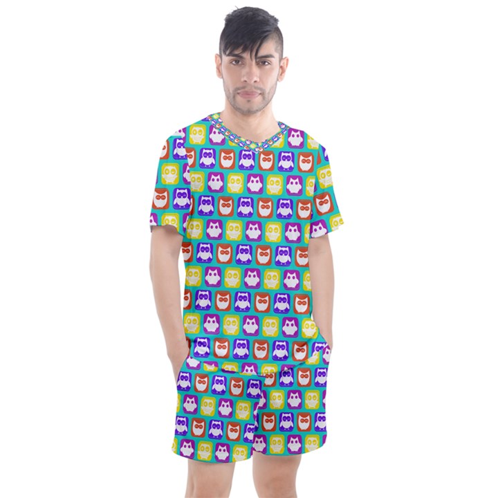 Colorful Whimsical Owl Pattern Men s Mesh Tee and Shorts Set