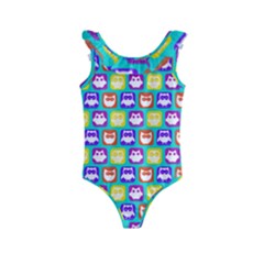 Colorful Whimsical Owl Pattern Kids  Frill Swimsuit by GardenOfOphir