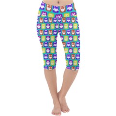 Colorful Whimsical Owl Pattern Lightweight Velour Cropped Yoga Leggings by GardenOfOphir