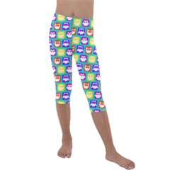 Colorful Whimsical Owl Pattern Kids  Lightweight Velour Capri Leggings  by GardenOfOphir