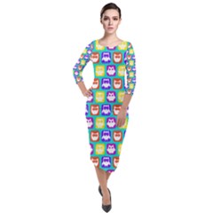 Colorful Whimsical Owl Pattern Quarter Sleeve Midi Velour Bodycon Dress by GardenOfOphir