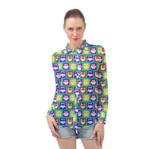 Colorful Whimsical Owl Pattern Long Sleeve Chiffon Shirt by GardenOfOphir