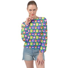 Colorful Whimsical Owl Pattern Banded Bottom Chiffon Top by GardenOfOphir