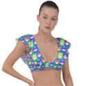 Colorful Whimsical Owl Pattern Plunge Frill Sleeve Bikini Top View1