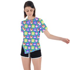 Colorful Whimsical Owl Pattern Asymmetrical Short Sleeve Sports Tee by GardenOfOphir