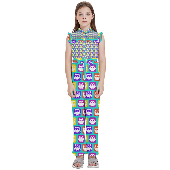 Colorful Whimsical Owl Pattern Kids  Sleeveless Ruffle Edge Band Collar Chiffon One Piece