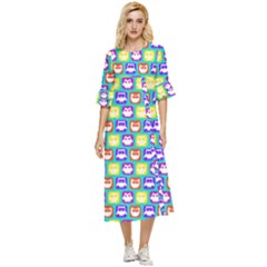 Colorful Whimsical Owl Pattern Double Cuff Midi Dress by GardenOfOphir