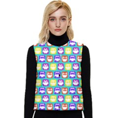 Colorful Whimsical Owl Pattern Women s Short Button Up Puffer Vest by GardenOfOphir