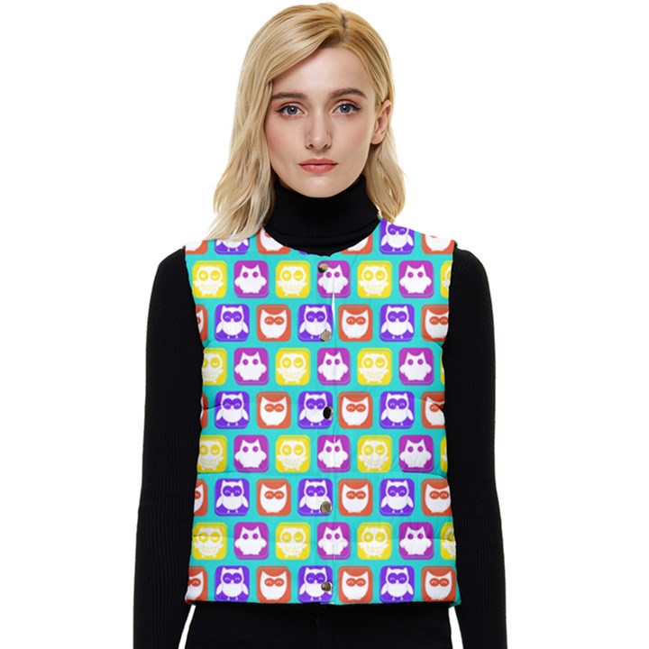 Colorful Whimsical Owl Pattern Women s Short Button Up Puffer Vest