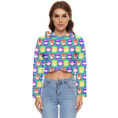 Colorful Whimsical Owl Pattern Women s Lightweight Cropped Hoodie by GardenOfOphir