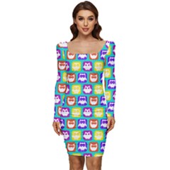 Colorful Whimsical Owl Pattern Women Long Sleeve Ruched Stretch Jersey Dress by GardenOfOphir