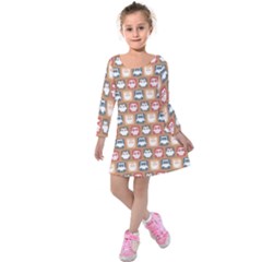 Colorful Whimsical Owl Pattern Kids  Long Sleeve Velvet Dress by GardenOfOphir