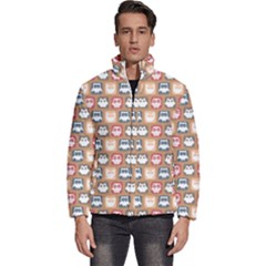 Colorful Whimsical Owl Pattern Men s Puffer Bubble Jacket Coat by GardenOfOphir