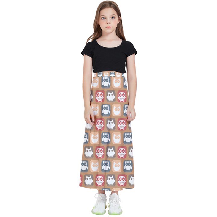 Colorful Whimsical Owl Pattern Kids  Flared Maxi Skirt