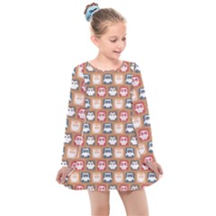 Colorful Whimsical Owl Pattern Kids  Long Sleeve Dress by GardenOfOphir