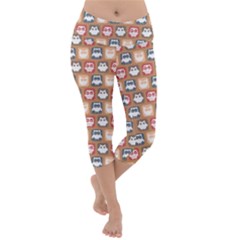 Colorful Whimsical Owl Pattern Lightweight Velour Capri Yoga Leggings by GardenOfOphir