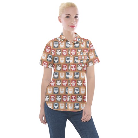 Colorful Whimsical Owl Pattern Women s Short Sleeve Pocket Shirt by GardenOfOphir