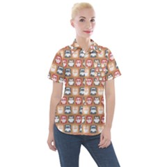 Colorful Whimsical Owl Pattern Women s Short Sleeve Pocket Shirt