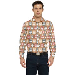 Colorful Whimsical Owl Pattern Men s Long Sleeve Pocket Shirt  by GardenOfOphir