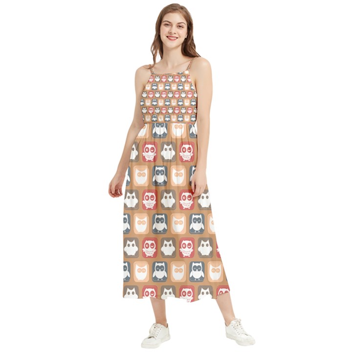 Colorful Whimsical Owl Pattern Boho Sleeveless Summer Dress