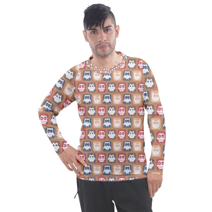 Colorful Whimsical Owl Pattern Men s Pique Long Sleeve Tee