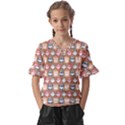 Colorful Whimsical Owl Pattern Kids  V-Neck Horn Sleeve Blouse View1