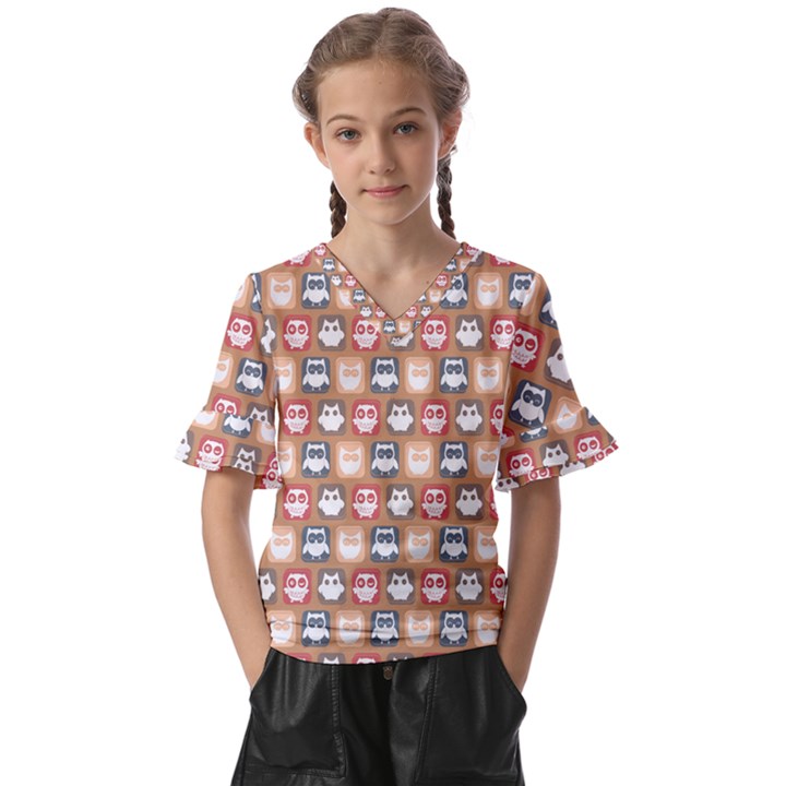 Colorful Whimsical Owl Pattern Kids  V-Neck Horn Sleeve Blouse